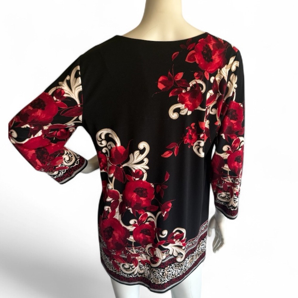 JM Collection 0X Embellished Floral Border Tunic Top Black Red Stretch 3/4 Slv - Picture 3 of 7